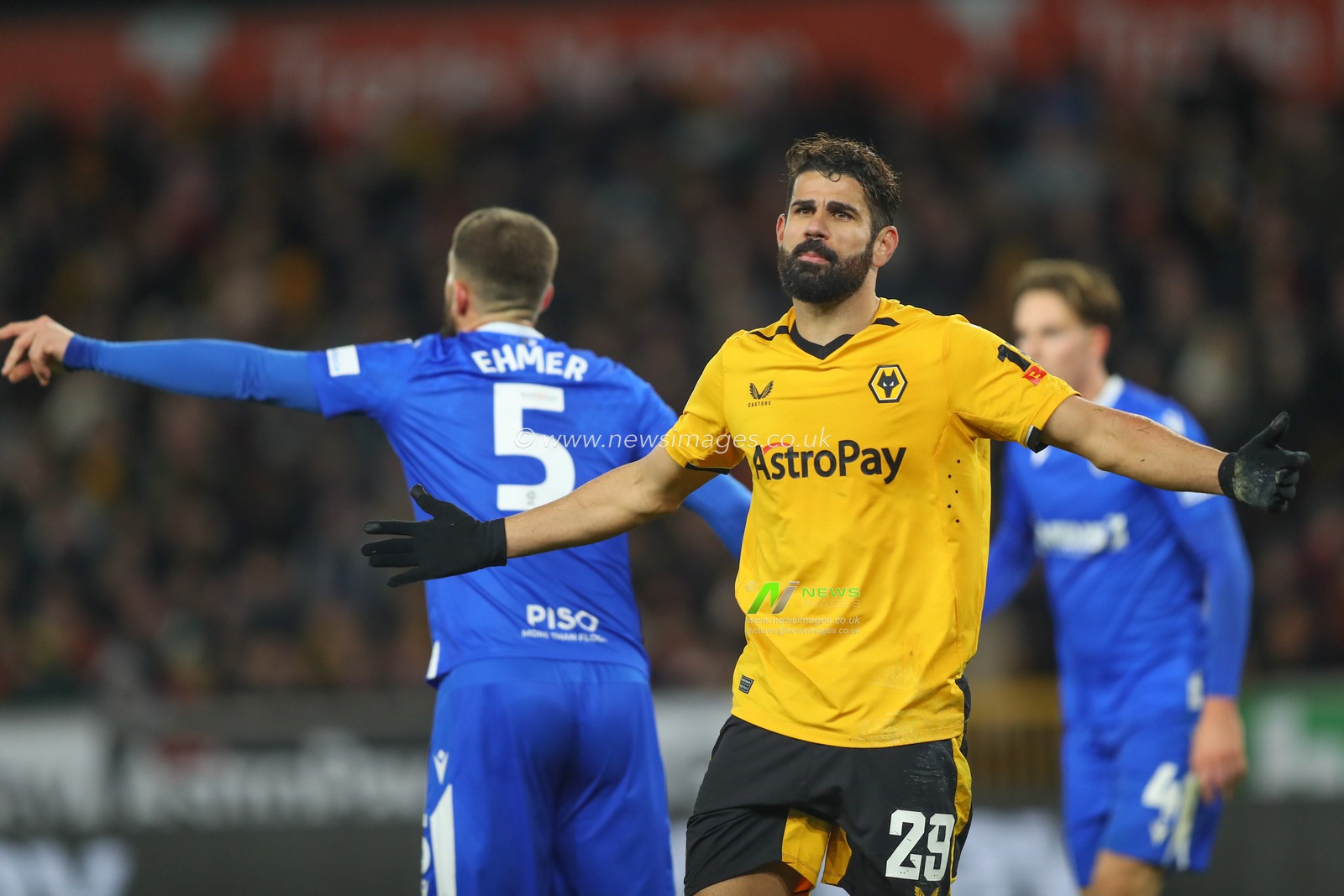 Diego Costa #29 of Wolverhampton Wanderers appeals to the lines person during the Carabao Cup Fourth Round match Wolverhampton Wanderers vs Gillingham at Molineux, Wolverhampton, United Kingdom, 20th December 2022

(Photo by Gareth Evans/News Images)