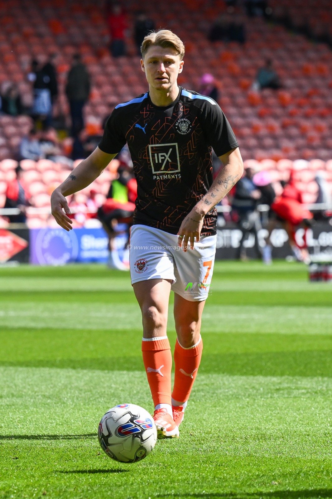 George Byers of Blackpool during the pre-game warmup ahead of the Sky Bet League 1 match Blackpool vs Barnsley at Bloomfield Road, Blackpool, United Kingdom, 20th April 2024

(Photo by Craig Thomas/News Images)