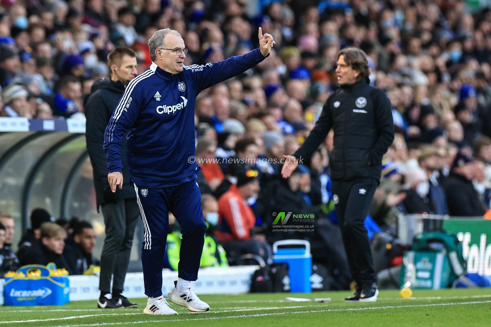Marcelo Bielsa manager of Leeds United reacts to referee David Coote