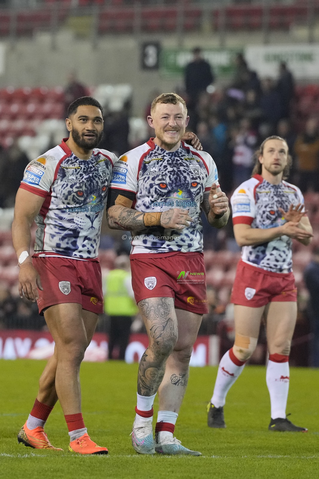 Ricky Leutele #4 of Leigh Leopards celebrates with Josh Charnley #5 of Leigh Leopards after their win in the Betfred Super League Round 10 match Leigh Leopards vs Leeds Rhinos at Leigh Sports Village, Leigh, United Kingdom, 21st April 2023

(Photo by Steve Flynn/News Images)