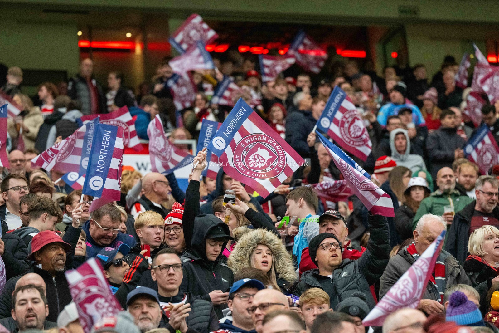 Wigan Warriors fans enjoy the pre-match atmosphere prior to the Betfred Super League Grand Final match Wigan Warriors vs Hull KR at Old Trafford, Manchester, United Kingdom, 12th October 2024

(Photo by Craig Thomas/News Images)