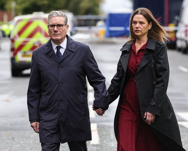 Sir Keir Starmer, Prime Minister of the United Kingdom of Great Britain and Northern Ireland and his wife Victoria, Lady Starmer hold hands as they leave the scene during the Manchester synagogue terror attack day 2 at Heaton Park Shul, Manchester, United Kingdom, 3rd October 2025

(Photo by Mark Cosgrove/News Images)