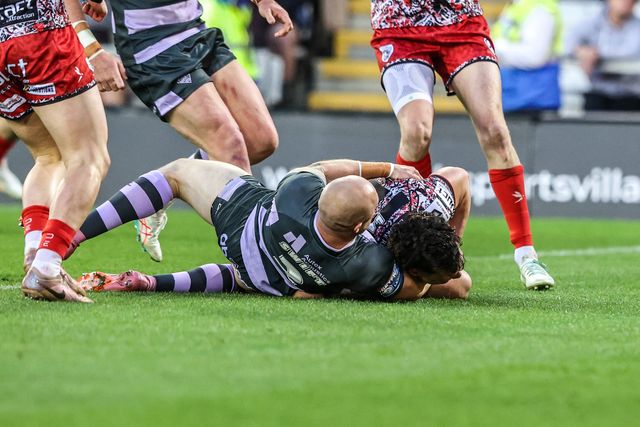 Lachlan Lam of Leigh Leopards goes over for a try during the Betfred Super League round 9 match Leigh Leopards vs Huddersfield Giants at Leigh Sports Village, Leigh, United Kingdom on 23 April 2026

(Photo by Alfie Cosgrove/News Images)