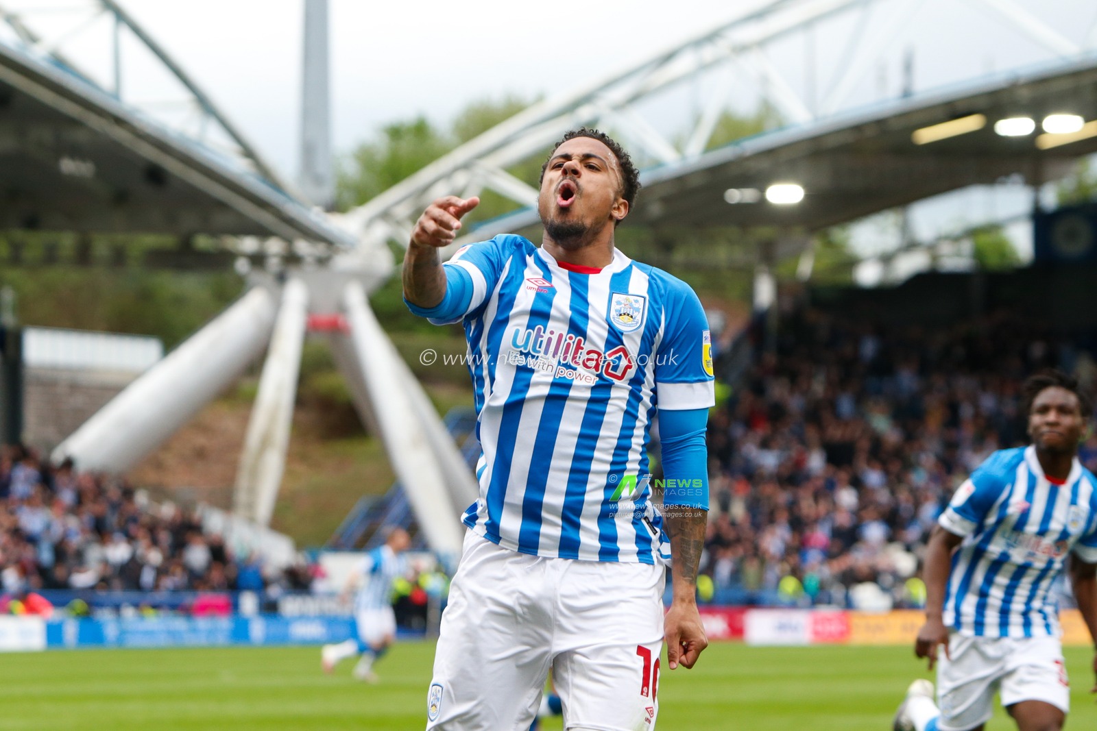 Josh Koroma #10 of Huddersfield Town Celebrates scoring a goal to make it 1-0 during the Sky Bet Championship match Huddersfield Town vs Reading at John Smith's Stadium, Huddersfield, United Kingdom, 8th May 2023

(Photo by Ben Early/News Images)