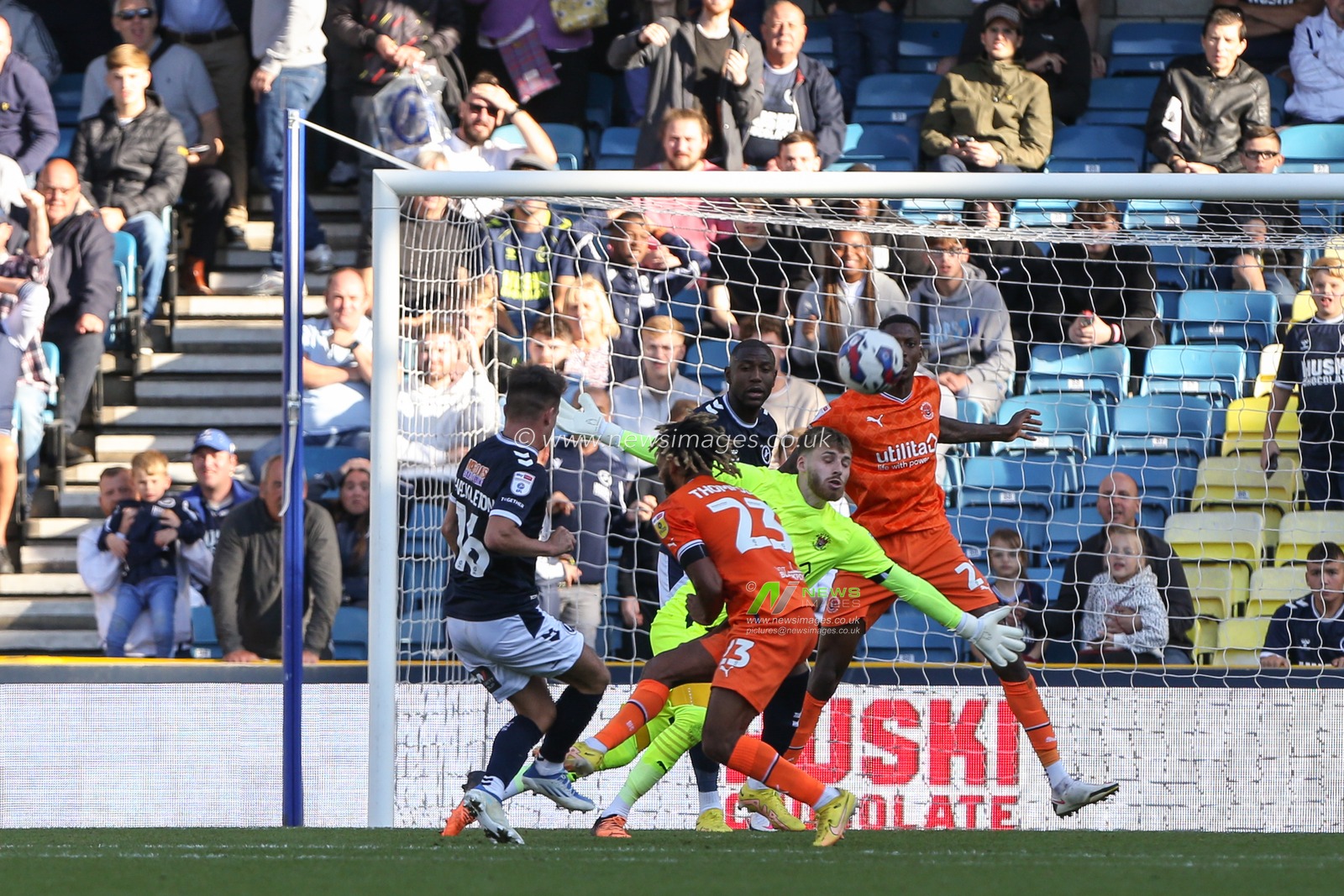 Jamie Shackleton #16 of Millwall is denied a goal by a goal line clearance from Marvin Ekpiteta #21 of Blackpool during the Sky Bet Championship match Millwall vs Blackpool at The Den, London, United Kingdom, 17th September 2022

(Photo by Arron Gent/News Images)