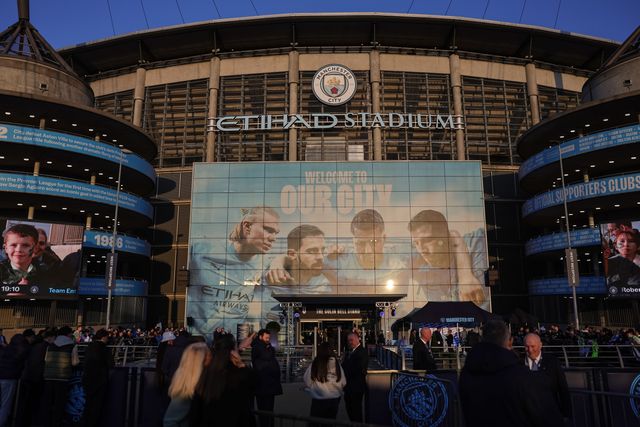 An general view of The Etihad Stadium and the players entrance with the Erling Haaland, Bernardo Silva, Rodrigo and Ruben Dias of Manchester City mural during the Premier League match Manchester City vs Nottingham Forest at Etihad Stadium, Manchester, United Kingdom on 04 March 2026

(Photo by Mark Cosgrove/News Images)