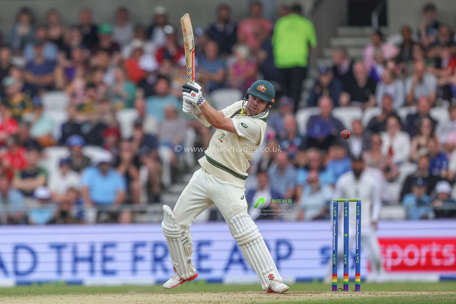 Travis Head of Australia drives the ball down field but only makes one run during the LV= Insurance Ashes Third Test Series Day 3 England v Australia at Headingley Stadium, Leeds, United Kingdom, 8th July 2023

(Photo by Mark Cosgrove/News Images)
