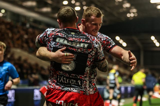 Josh Charnley of Leigh Leopards celebrates his try during the Betfred Super League round 8 match York Knights vs Leigh Leopards at LNER Community Stadium, York, United Kingdom on 17 April 2026

(Photo by Alfie Cosgrove/News Images)