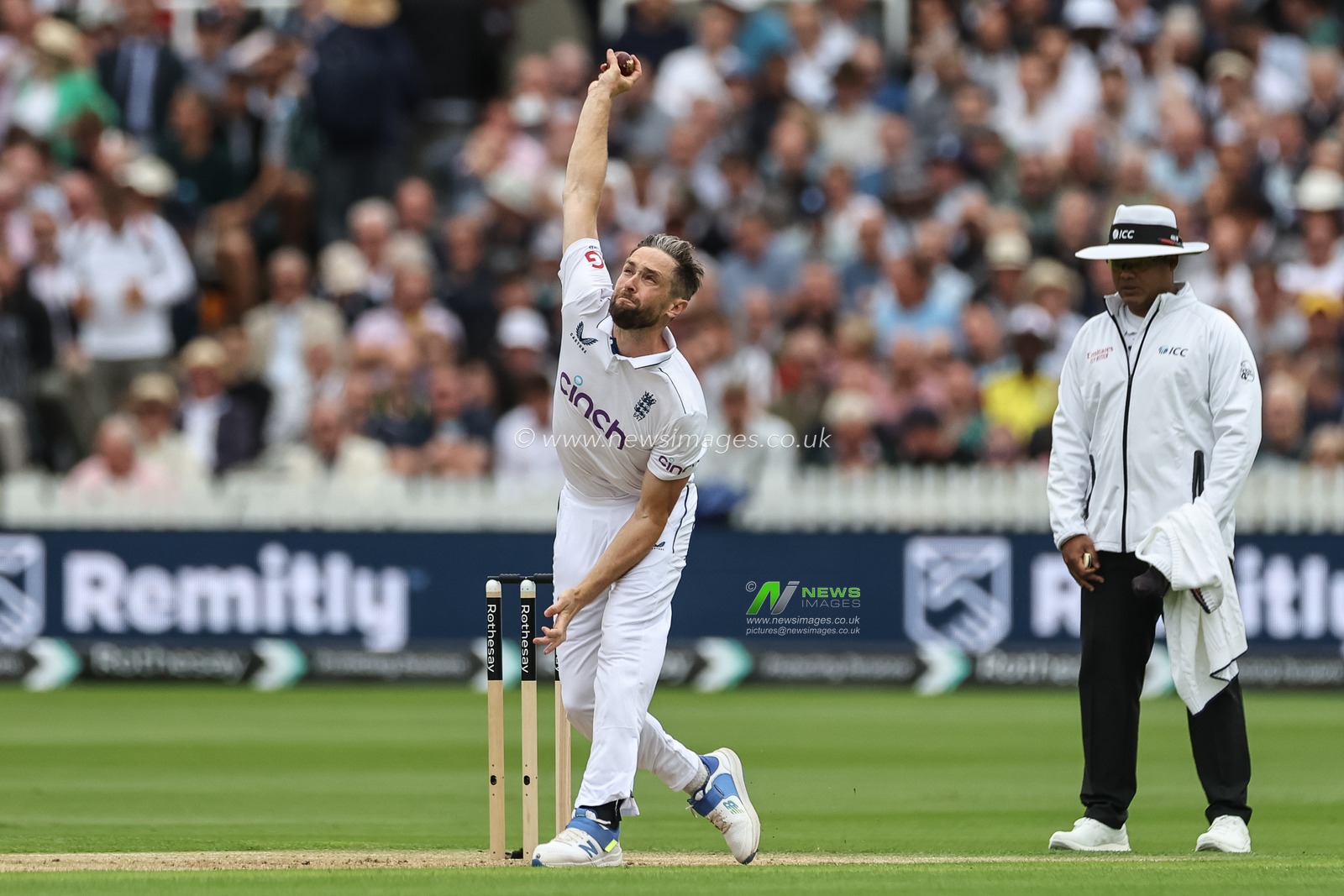 Chris Woakes of England delivers the ball during the 1st Rothesay Test Match day 1 England v West Indies at Lords, London, United Kingdom, 10th July 2024

(Photo by Mark Cosgrove/News Images)