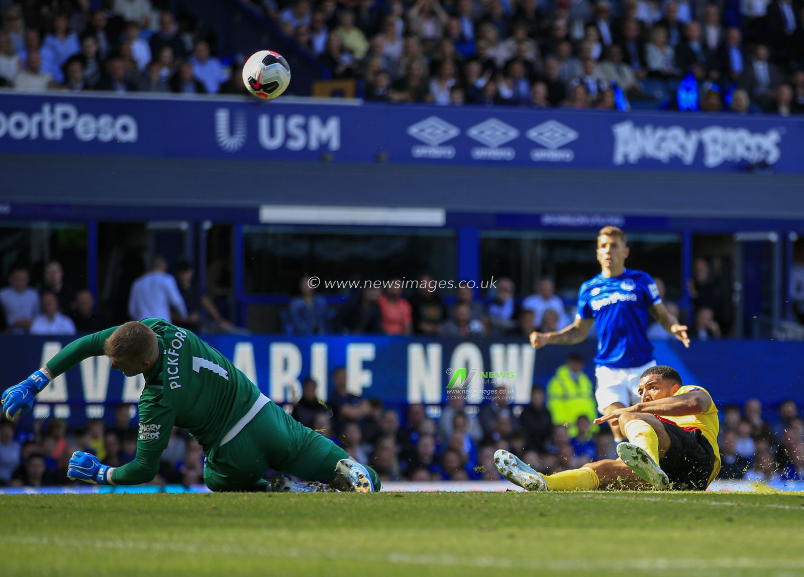17th August 2019, Goodison Park, Liverpool, England ; Premier League Football, Everton vs Watford : Jordan Pickford (01) of Everton saves at point blank range from Troy Deeney (09) of Watford

Credit: Conor Molloy/News Images

English Football League images are subject to DataCo Licence