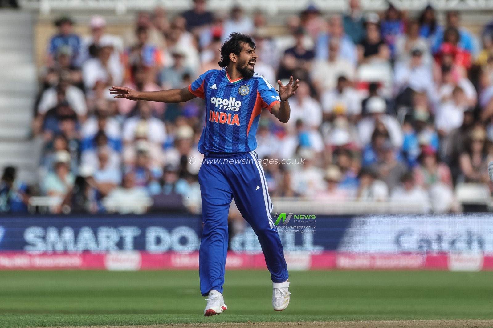 Prince Yadav of India reacts after a boundary his hit off his ball during the Third Vitality T20 International match England vs India at Trent Bridge, Nottingham, United Kingdom on 07 July 2026

(Photo by Mark Cosgrove/News Images)
