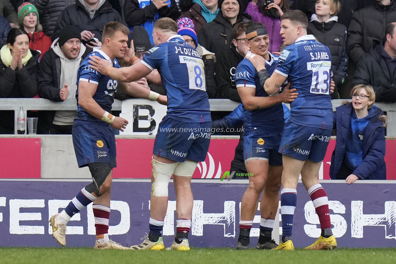 Jean-Luc Du Preez #8 of Sale Sharks congratulates try scorer Joe Carpenter #15 of Sale Sharks during the Gallagher Premiership match Sale Sharks vs Saracens at AJ Bell Stadium, Eccles, United Kingdom, 5th March 2023

(Photo by Steve Flynn/News Images)