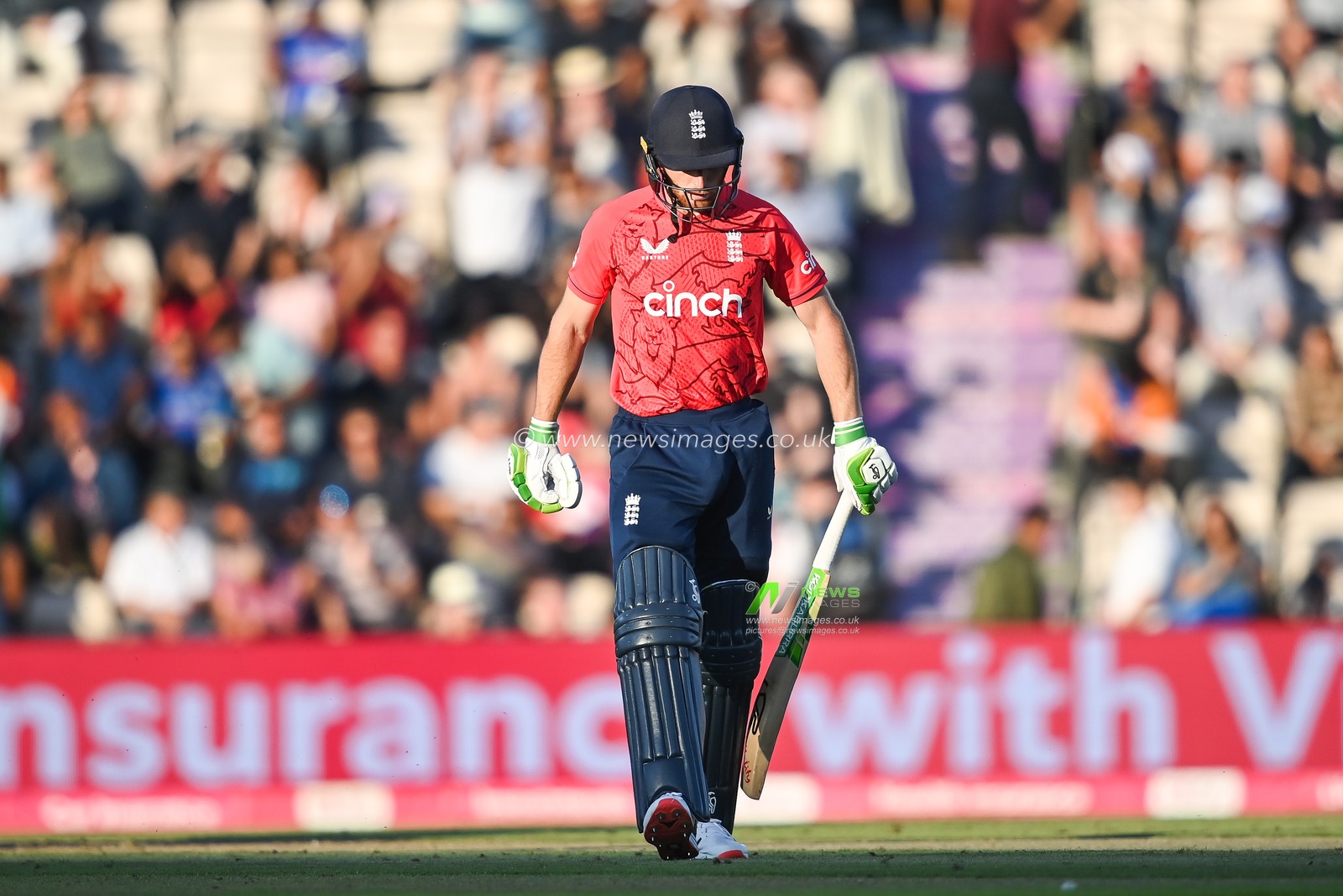 Jos Buttler of England reacts to being out for a duck