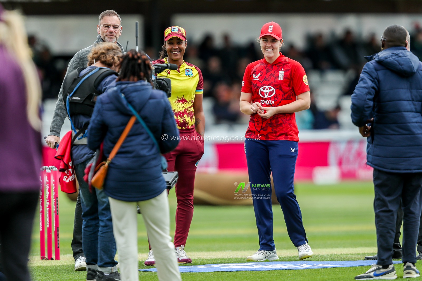 Hayley Matthews of West Indies Women and Nat Sciver-Brunt of England Women take part in the coin toss prior to the 3rd Vitality IT20 Series match England Women vs West Indies Women at The Cloud County Ground, Chelmsford, United Kingdom, 26th May 2025

(Photo by Izzy Poles/News Images)