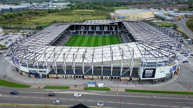 A general view of the stadium from the sky during the Sky Bet Championship match Derby County vs West Bromwich Albion at Pride Park Stadium, Derby, United Kingdom on 09 September 2026

(Photo by Maynard Manyowa/News Images)
