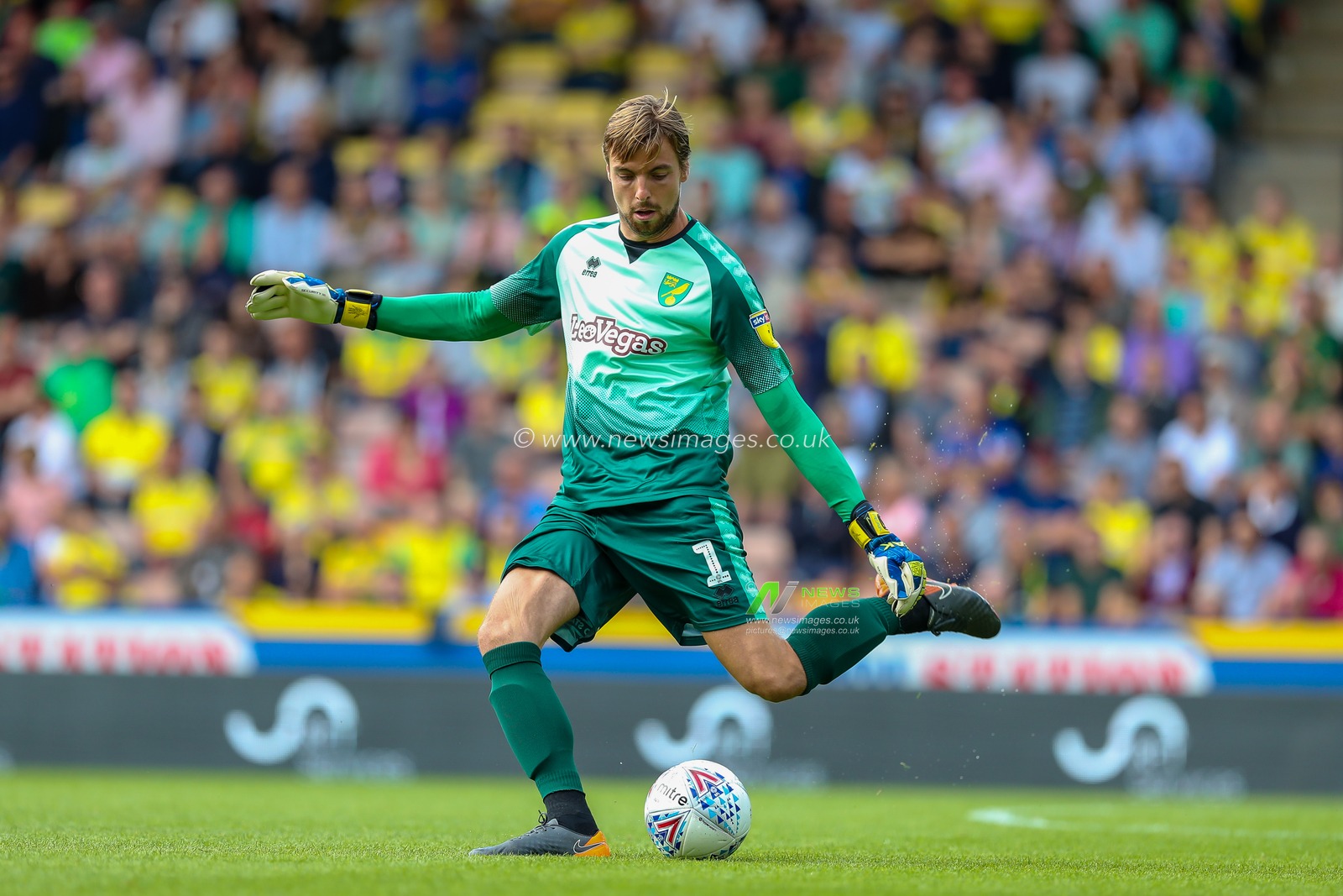 15th August 2018, Carrow Road, Norfolk, England; Sky Bet EFL Championship Norwich City v Middlesbrough ;  Norwich's keeper Tim Krul clears the ball against Middlesborough.



EDITORIAL USE ONLY No use with unauthorised audio, video, data, fixture lists, club/league logos or 'live' services. Online in-match use limited to 45 images, no video emulation. No use in betting, games or single club/league/player publications and all English Football League images are subject to DataCo Licence