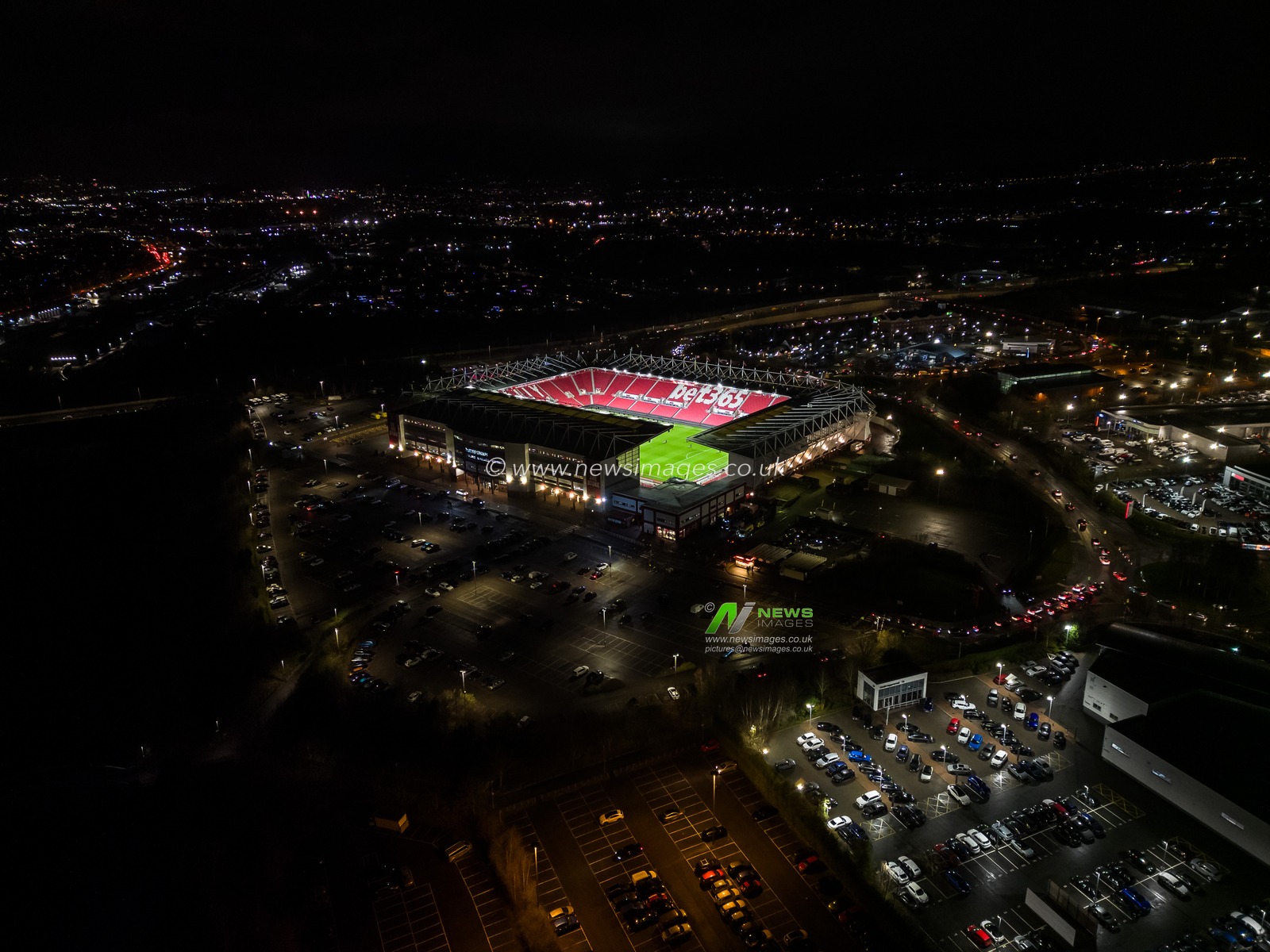 A aerial view of Bet365 Stadium, Home of Stoke City, after the Sky Bet Championship match Stoke City vs Cardiff City at Bet365 Stadium, Stoke-on-Trent, United Kingdom, 14th December 2024

(Photo by Craig Thomas/News Images)