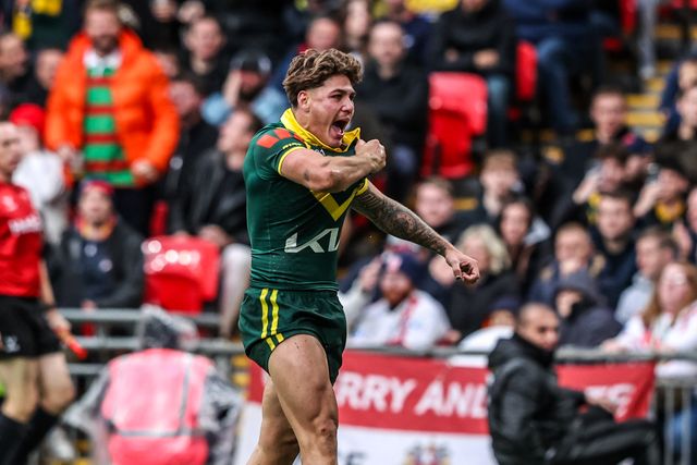 Reece Walsh of Australia celebrates his try during the The Ashes Series 2025 England vs Australia at Wembley Stadium, London, United Kingdom, 25th October 2025

(Photo by Alfie Cosgrove/News Images)