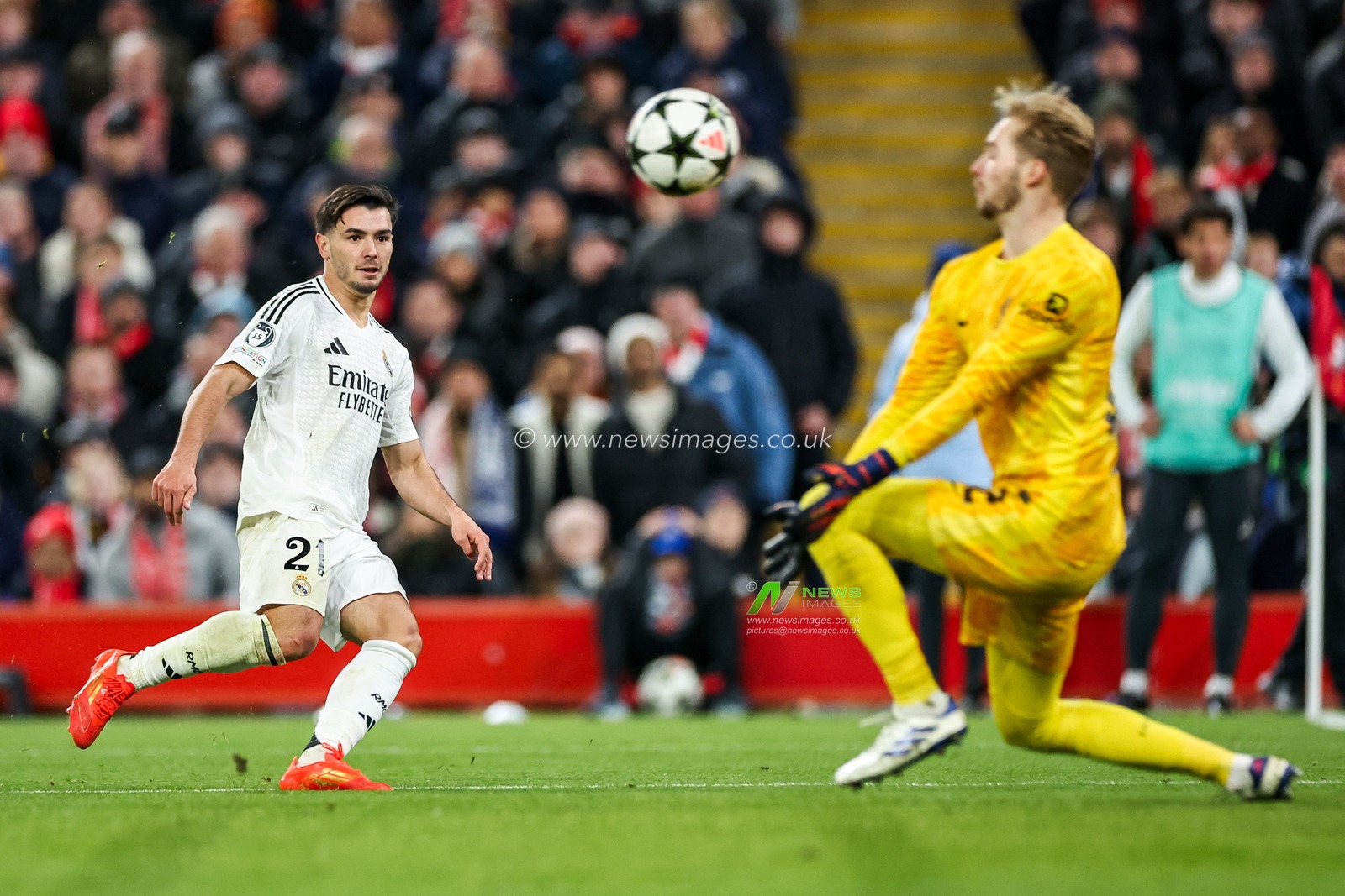 Brahim DÃ­az of Real Madrid shoots, saved by Caoimhin Kelleher of Liverpool  during the UEFA Champions League, League Phase MD5 Liverpool v Real Madrid at Anfield, Liverpool, United Kingdom, 27th November 2024

(Photo by Mark Cosgrove/News Images)