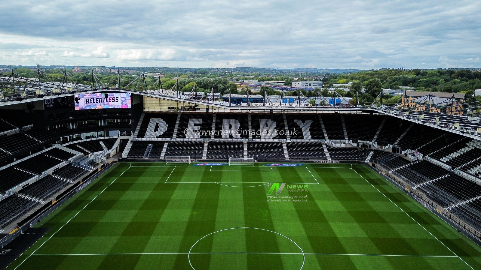 A general view of the stadium from the sky during the Sky Bet Championship match Derby County vs West Bromwich Albion at Pride Park Stadium, Derby, United Kingdom on 09 September 2026

(Photo by Maynard Manyowa/News Images)