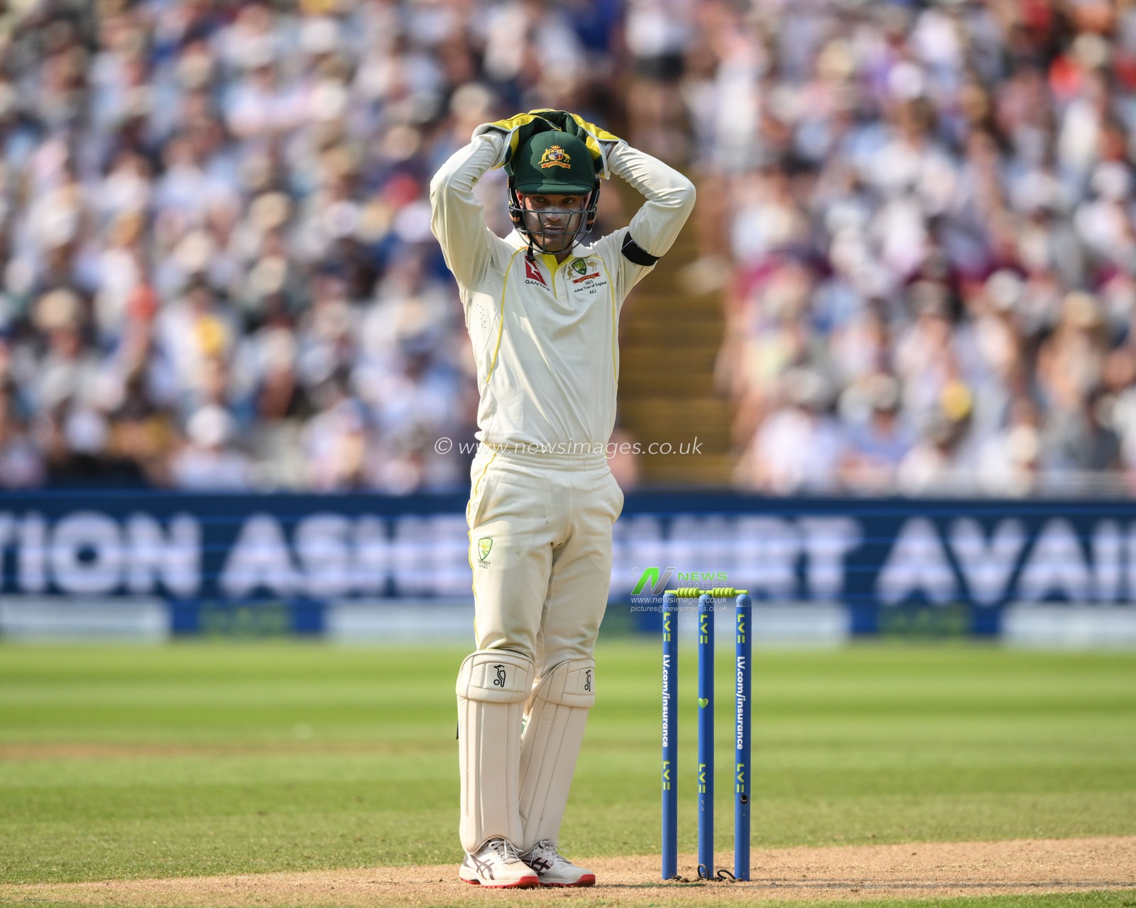 Alex Carey of Australia reacts to a close miss at the stumps during the LV= Insurance Ashes First Test Series Day 1 England vs Australia at Edgbaston, Birmingham, United Kingdom, 16th June 2023

(Photo by Craig Thomas/News Images)