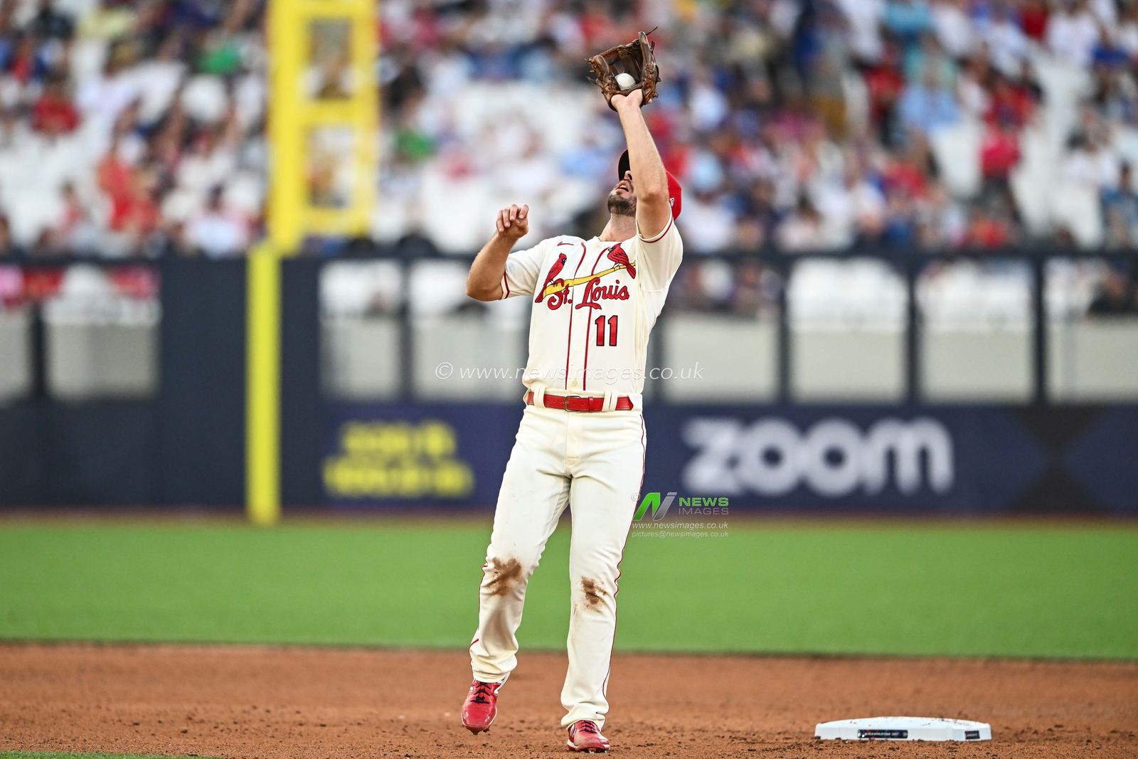 Paul DeJong #11 of the St. Louis Cardinals catches the high fly ball from Yan Gomes #15 of the Chicago Cubs during the 2023 MLB London Series match St. Louis Cardinals vs Chicago Cubs at London Stadium, London, United Kingdom, 24th June 2023

(Photo by Craig Thomas/News Images)