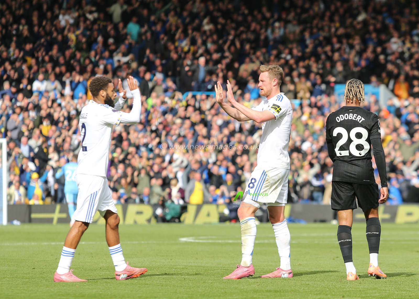 Sean Longstaff of Leeds United and Jayden Bogle of Leeds United celebtrate during the Premier League match Leeds United vs Tottenham Hotspur at Elland Road, Leeds, United Kingdom, 4th October 2025

(Photo by Richard Bierton/News Images) 