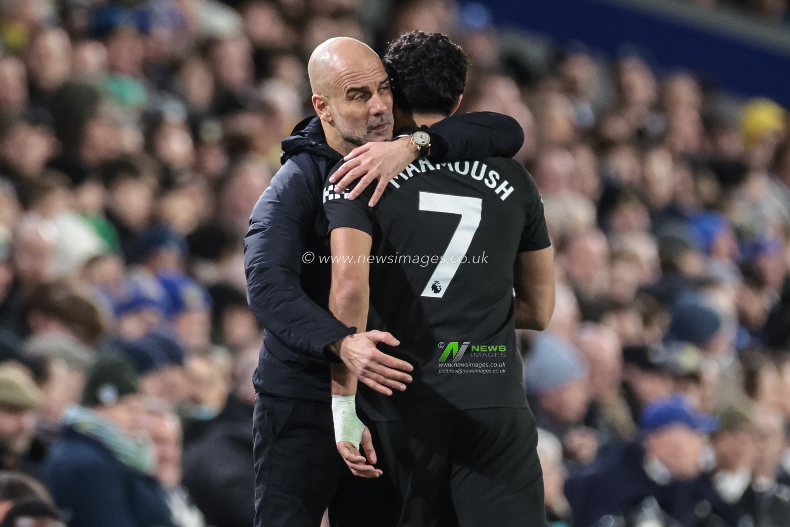 Pep Guardiola manager of Manchester City embraces Omar Marmoush of Manchester City during the Premier League match Leeds United vs Manchester City at Elland Road, Leeds, United Kingdom on 28 February 2026

(Photo by Mark Cosgrove/News Images)