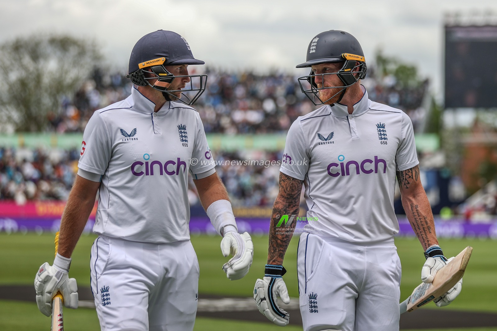 Ben Stokes of England and Ben Stokes of England head back in for lunch during Day Two of the Rothesay Test match England vs West Indies at Edgbaston, Birmingham, United Kingdom, 27th July 2024

(Photo by Mark Cosgrove/News Images)