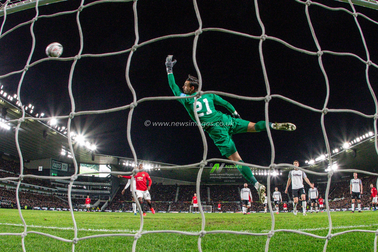 5th March 2020, Pride Park Stadium, Derby, England; Emirates FA Cup 5th Round, Derby County v Manchester United : Luke Shaw (23) of Manchester United scores to make it 0-1