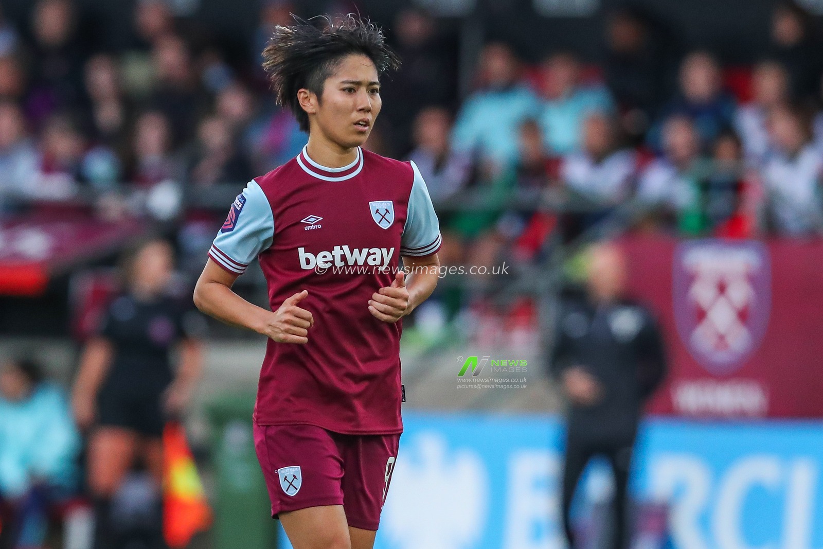 Riko Ueki of West Ham United in action during the Barclays Women's Super League match West Ham United Women vs Arsenal Women at Chigwell Construction Stadium, Dagenham, United Kingdom, 20th October 2024

(Photo by Izzy Poles/News Images)