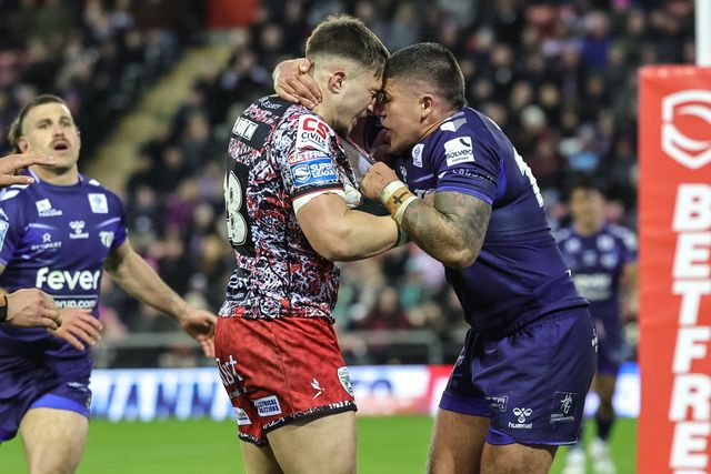 An altercation between Ryan Brown of Leigh Leopards and Joe Cator of Toulouse Olympique during the Betfred Super League round 6 match Leigh Leopards vs Toulouse at Leigh Sports Village, Leigh, United Kingdom on 28 March 2026

(Photo by Mark Cosgrove/News Images)