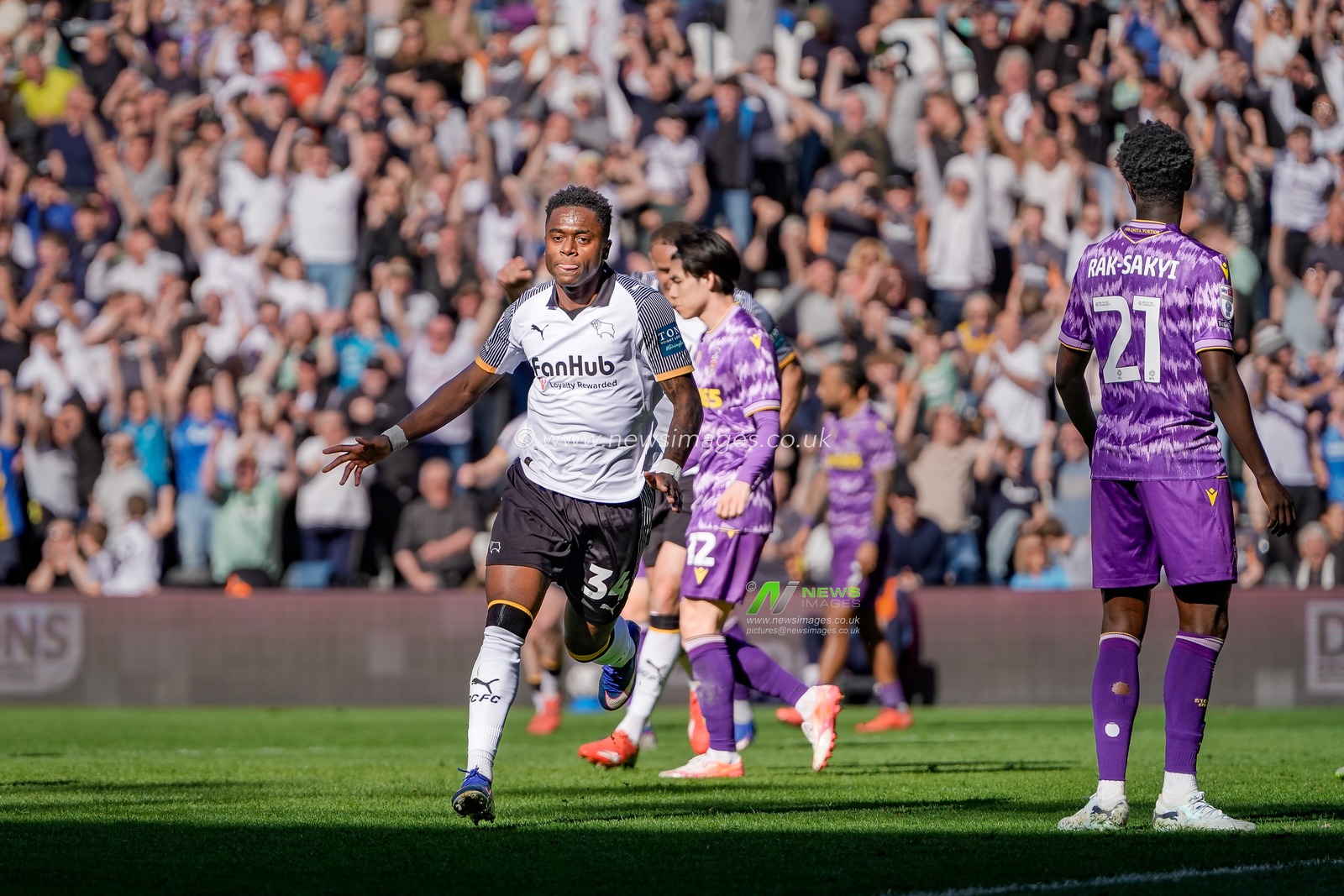 Jaydon Banel of Derby County celebrates his goal to make it  1-0 during the Sky Bet Championship match Derby County vs Stoke City at Pride Park Stadium, Derby, United Kingdom on 06 April 2026

(Photo by Maynard Manyowa/News Images)