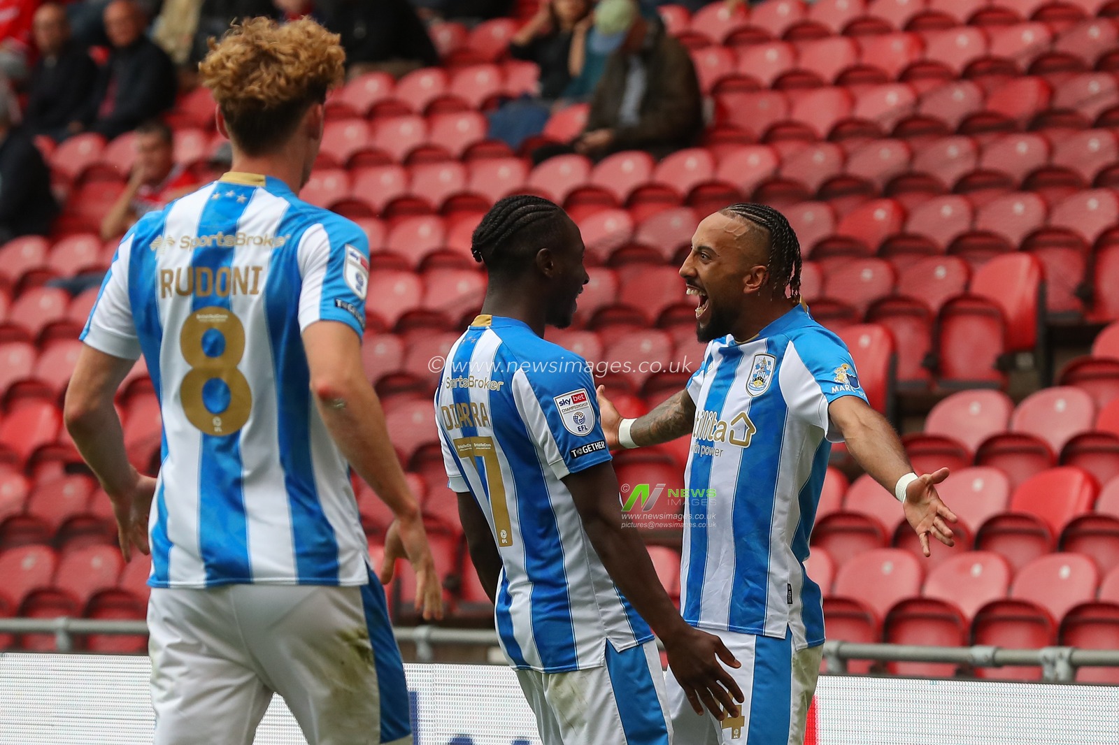 Sorba Thomas #14 of Huddersfield Town celebrates his goal to make it 0-1 during the Sky Bet Championship match Middlesbrough vs Huddersfield Town at Riverside Stadium, Middlesbrough, United Kingdom, 19th August 2023

(Photo by Gareth Evans/News Images)