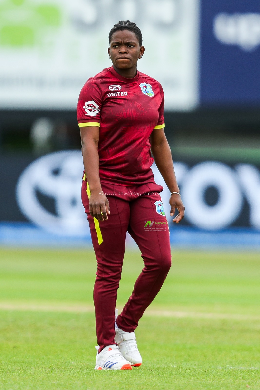 Jannillea Glasgow of West Indies Women looks on during the 2nd Metro Bank ODI Day International England Women v West Indies Women at Uptonsteel County Ground, Leicester, United Kingdom, 4th June 2025

(Photo by Izzy Poles/News Images)