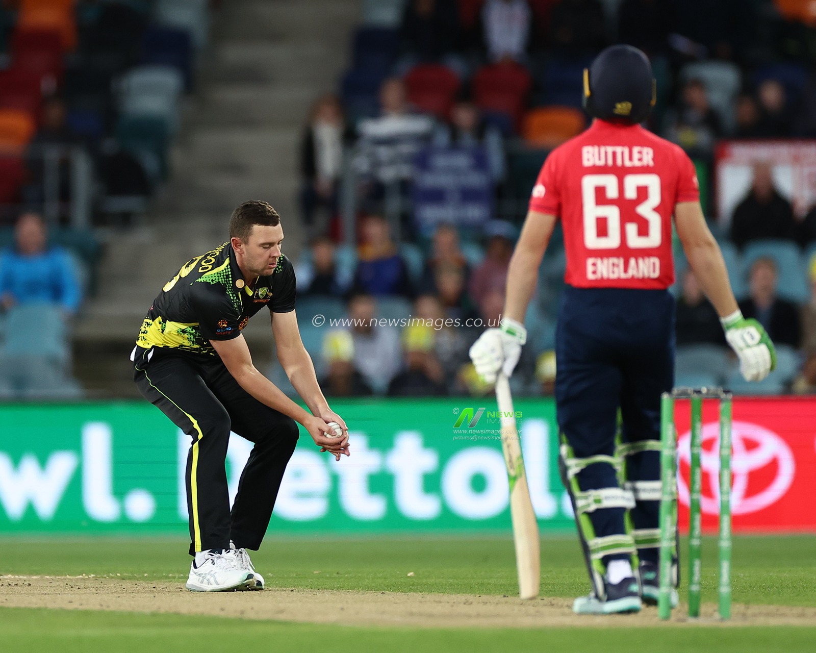 Josh Hazlewood of Australia fields the ball during the Dettol T20I Series 3 of 3 Australia vs England at Manuka Oval, Canberra, Australia, 14th October 2022

(Photo by Patrick Hoelscher/News Images)