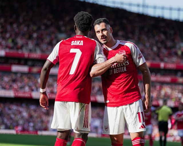 Bukayo Saka of Arsenal and Gabriel Martinelli of Arsenal celebrate second goal during the Pre-season friendly match Arsenal vs Athletic Bilbao at Emirates Stadium, London, United Kingdom, 9th August 2025

(Photo by Harvey Murphy/News Images)