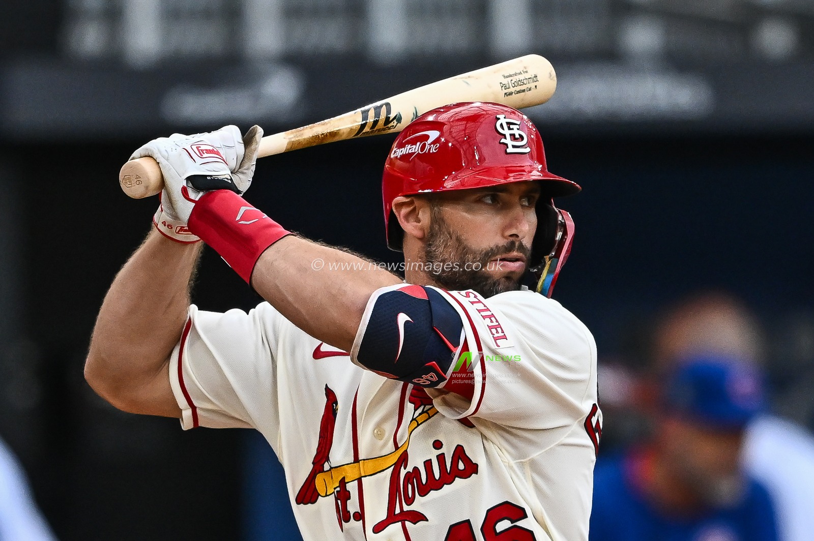 Paul Goldschmidt #46 of the St. Louis Cardinals prepares to bat during the 2023 MLB London Series match St. Louis Cardinals vs Chicago Cubs at London Stadium, London, United Kingdom, 24th June 2023

(Photo by Craig Thomas/News Images)