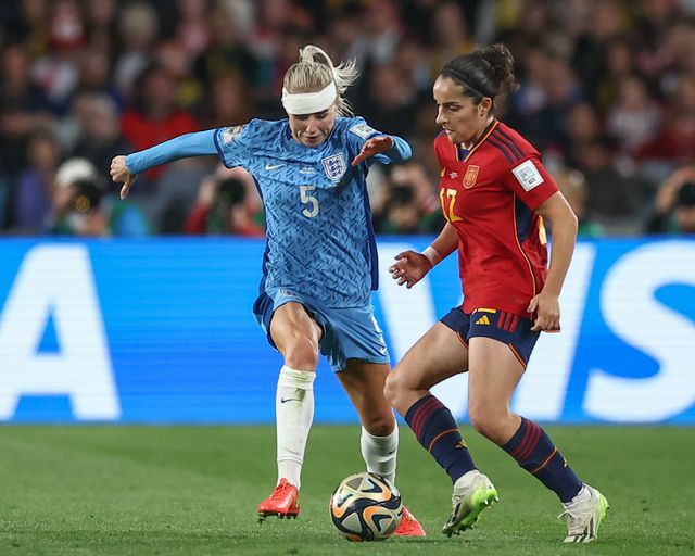 Alex Greenwood #5 of England and Oihane HernÃ¡ndez #12 of Spain battle for the ball during the FIFA Women's World Cup 2023 Final match Spain Women vs England Women at Stadium Australia, Sydney, Australia, 20th August 2023

(Photo by Patrick Hoelscher/News Images)