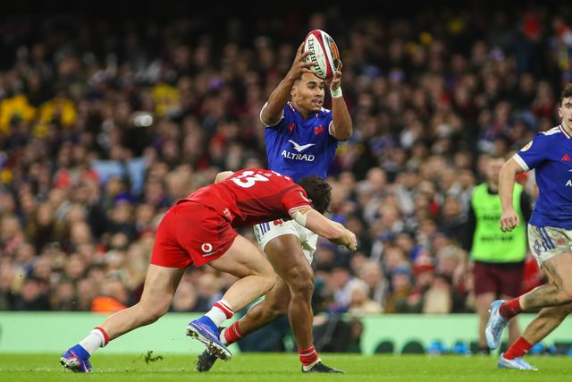 Noah Nene of France is tackled by Eddie James of Wales during the Guinness Six Nations match Wales vs France at Principality Stadium, Cardiff, United Kingdom, 15th February 2026

(Photo by Andrew Lewis/News Images)