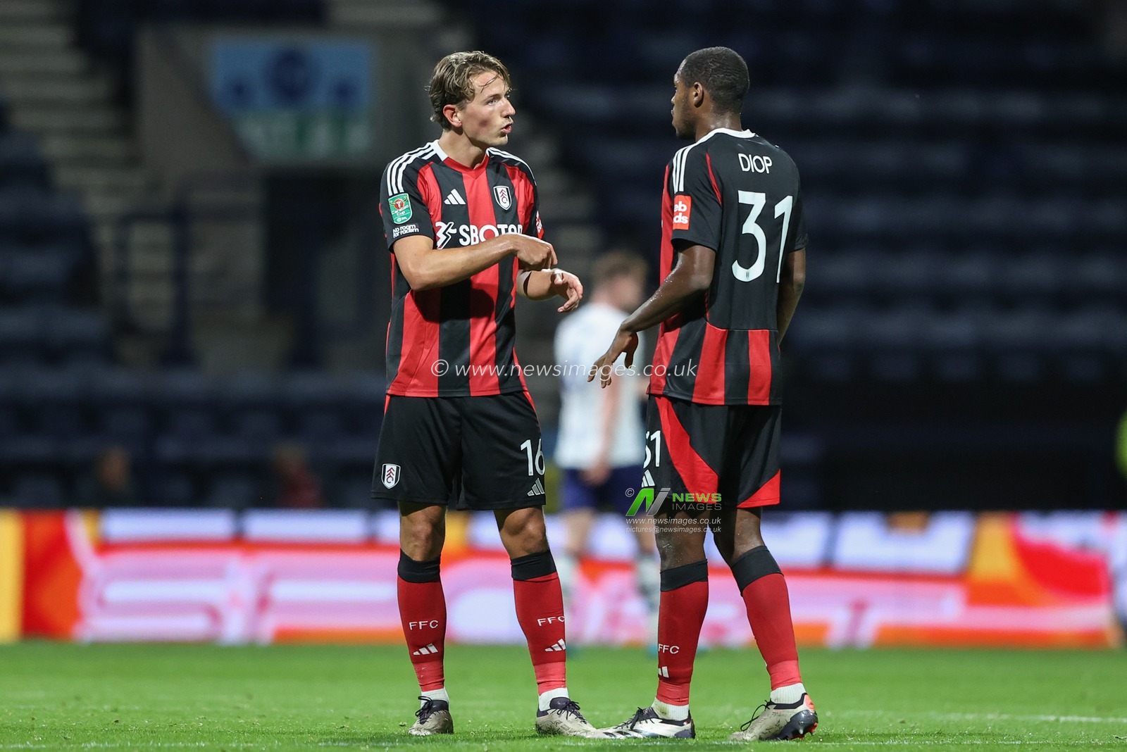 Sander Berge of Fulham speaks to Issa Diop of Fulham during a break in play during the Carabao Cup match Preston North End vs Fulham at Deepdale, Preston, United Kingdom, 17th September 2024

(Photo by Alfie Cosgrove/News Images)