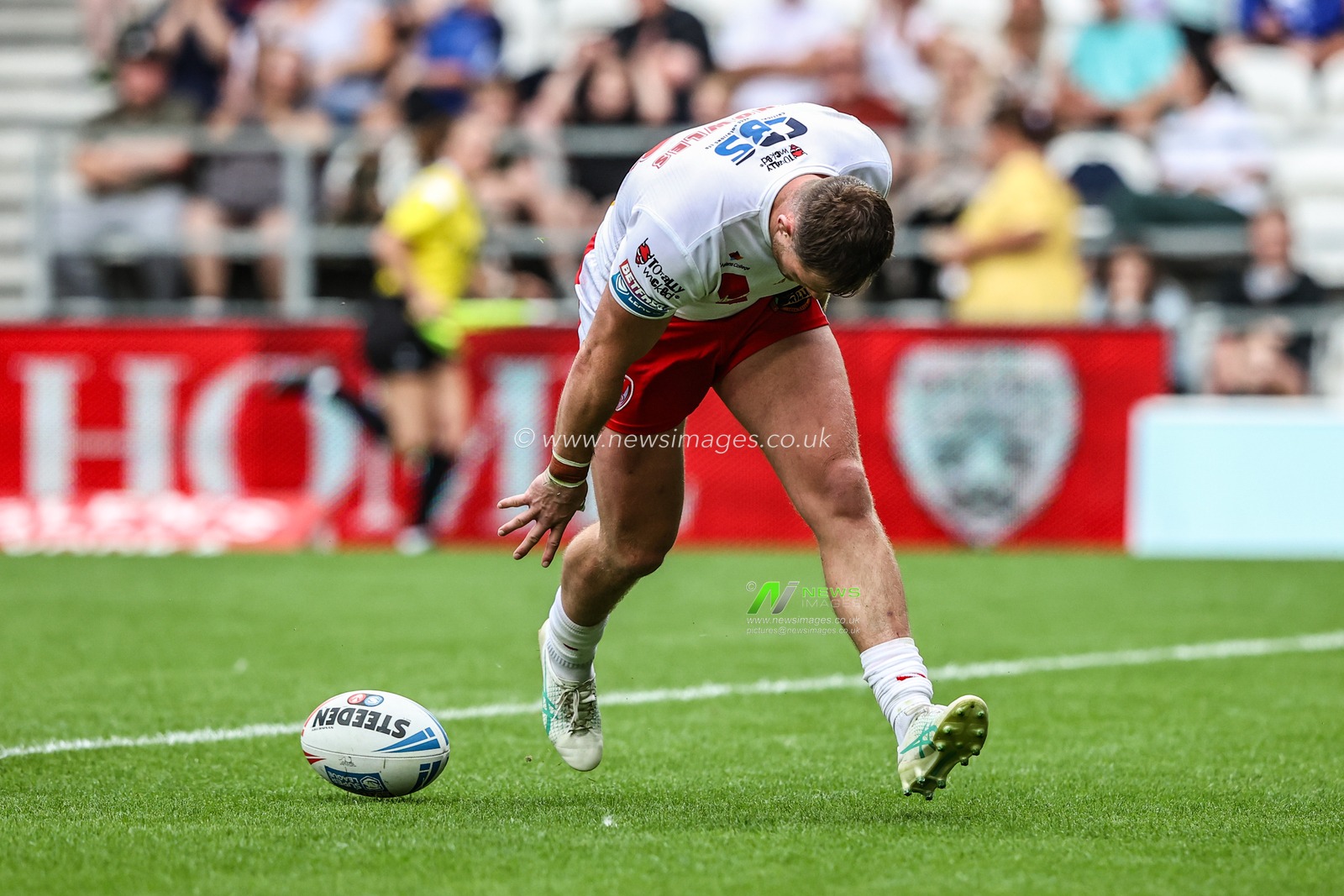 Morgan Knowles of St. Helens goes over for a try during the Betfred Super League round 16 match St Helens vs Salford Red Devils at Totally Wicked Stadium, St Helens, United Kingdom, 29th June 2025

(Photo by Alfie Cosgrove/News Images)