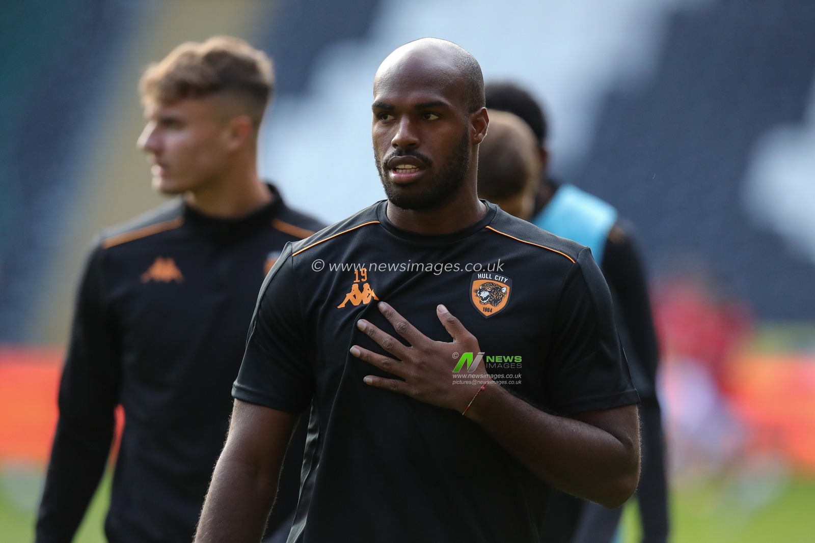 Ã“scar EstupiÃ±Ã¡n #19 of Hull City during the pre match warm up ahead of the Pre-season friendly match Hull City vs Barnsley at MKM Stadium, Hull, United Kingdom, 18th July 2023

(Photo by James Heaton/News Images)