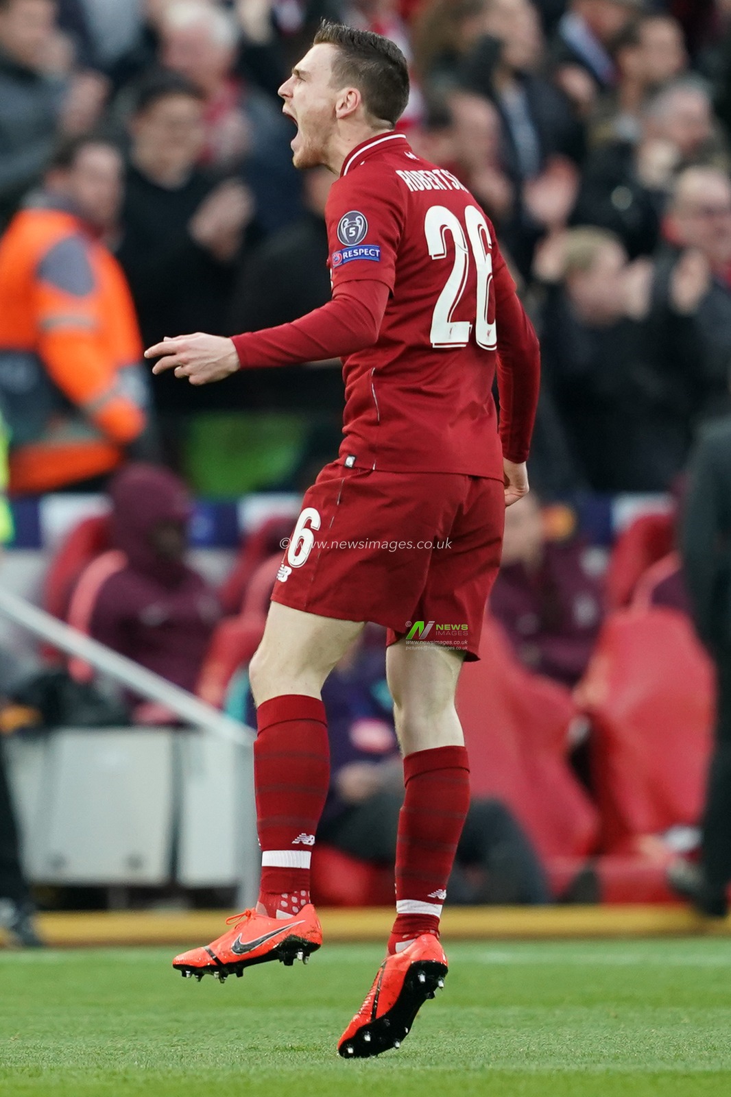 Liverpool's Andy Robertson celebrates

7th Mayl 2019 , Anfield Stadium, Liverpool, England;  UEFA Champions League Semi Final, Second Leg, Liverpool FC vs FC Barcelona 

Credit: Terry Donnelly/News Images