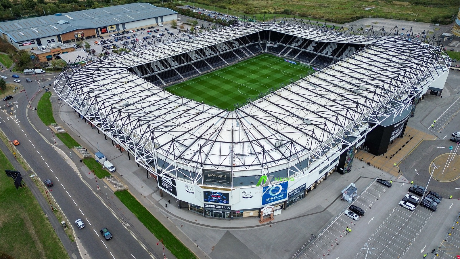 A general view of the stadium from the sky during the Sky Bet Championship match Derby County vs West Bromwich Albion at Pride Park Stadium, Derby, United Kingdom on 09 September 2026

(Photo by Maynard Manyowa/News Images)