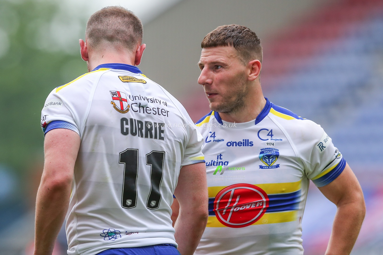 George Williams #6 of Warrington Wolves talks with Ben Currie #11 of Warrington Wolves during the Betfred Challenge Cup Quarter-Final match Wigan Warriors vs Warrington Wolves at DW Stadium, Wigan, United Kingdom, 18th June 2023

(Photo by Gareth Evans/News Images)