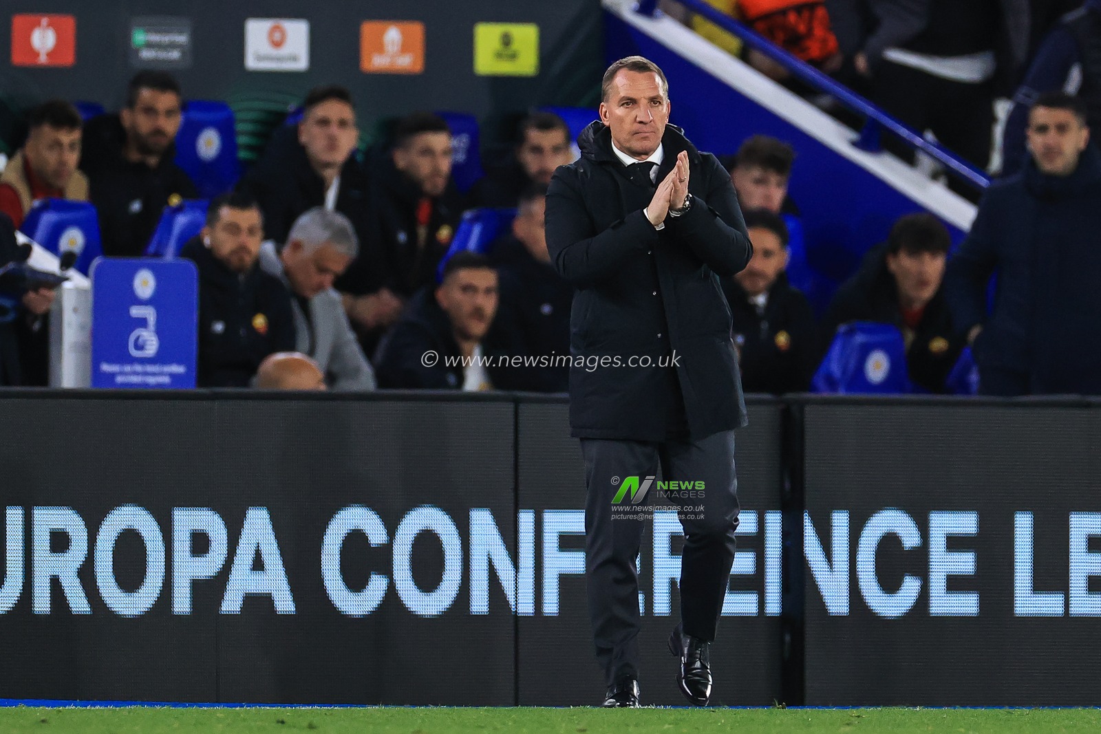 Brendan Rogers manager of Leicester City applauds his team