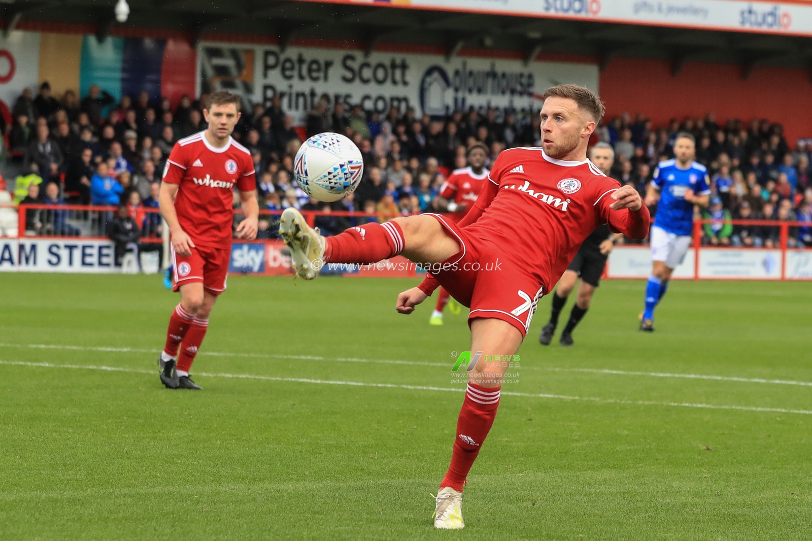 20th October 2019, The Wham Stadium, Accrington, England; Sky Bet League 1, Accrington Stanley v Ipswich Town : Jordan Clark of Accrington Stanley clears the ball in his own area 

Credit: Mark Cosgrove/News Images