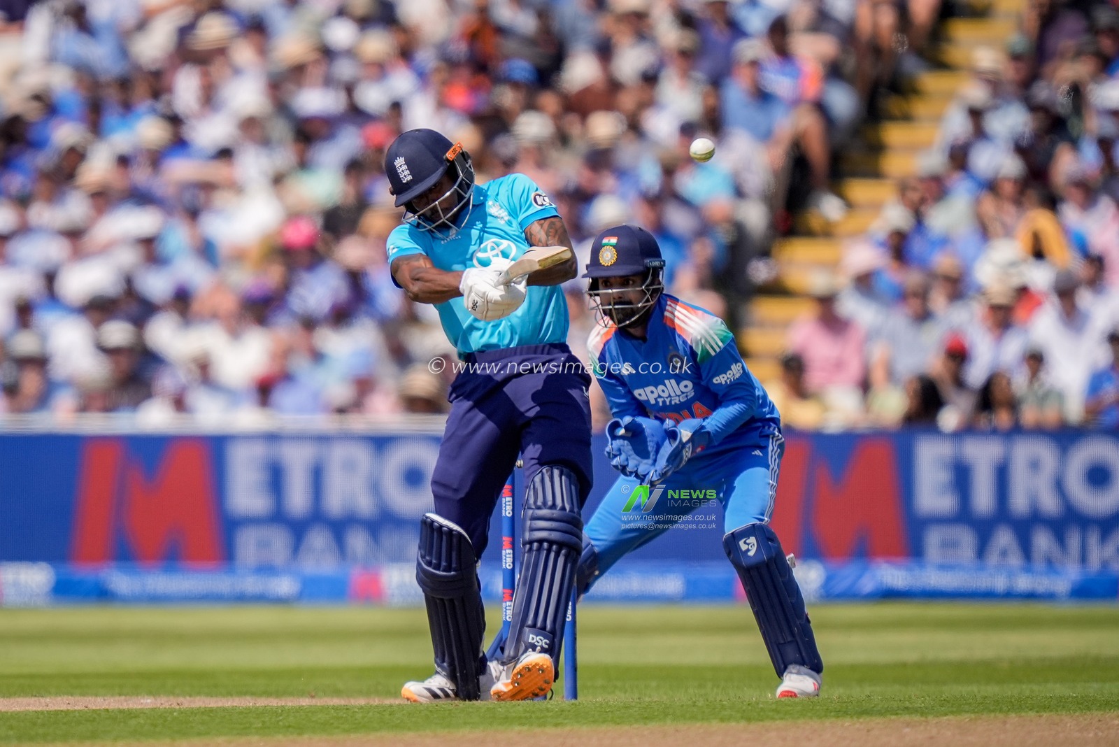 Jofra Archer of England hits a six  during the 1st Metro Bank ODI match England vs India at Edgbaston, Birmingham, United Kingdom on 14 July 2026

(Photo by Maynard Manyowa/News Images)