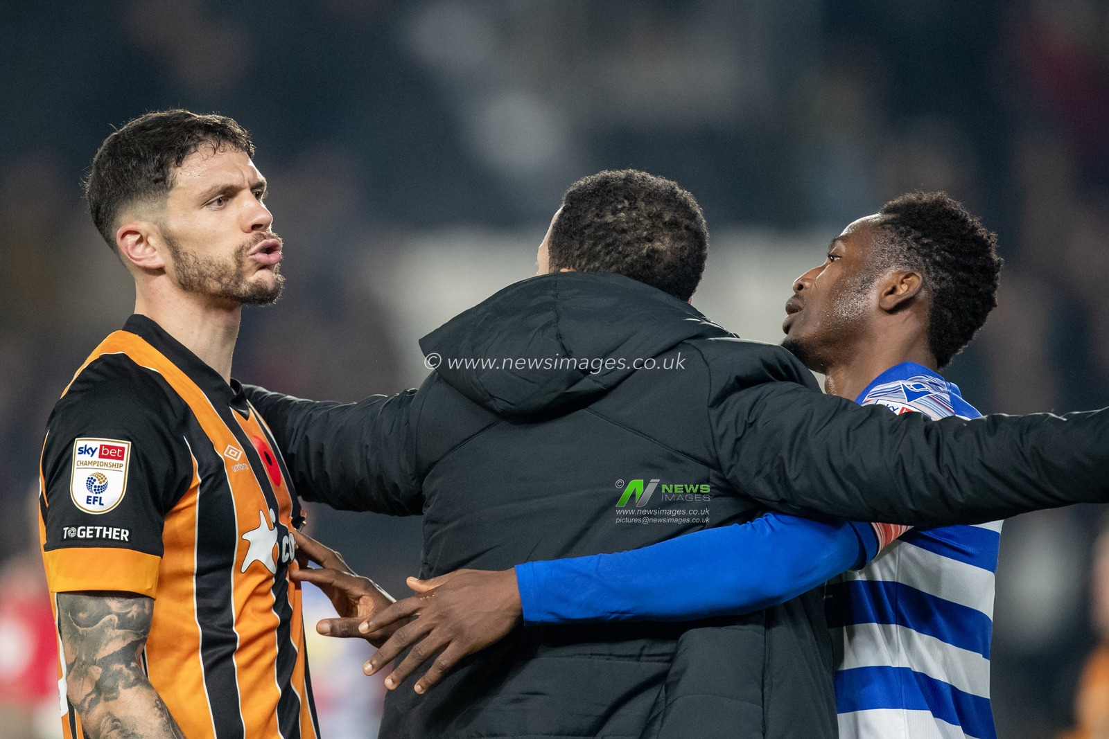 Liam Rosenior manager of Hull City gets in the way of an argument between the two teams after the Sky Bet Championship match Hull City vs Reading at MKM Stadium, Hull, United Kingdom, 12th November 2022

(Photo by James Heaton/News Images)